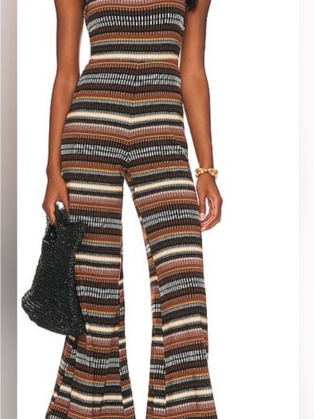Free People Dixie Strapless Brown Black Cream Multi-Stripe Wide-Leg Jumpsuit